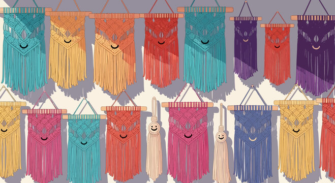 Colorful handmade macrame wall hangings in a row