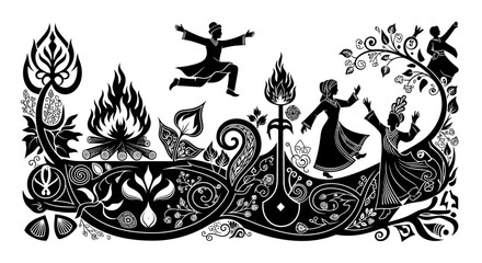 Fototapeta premium Stylized Persian dancers and fire silhouette for Nowruz festival.