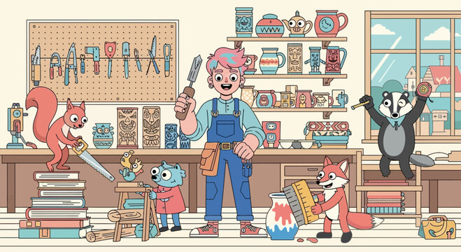 Cartoon artist working in a craft studio with animals