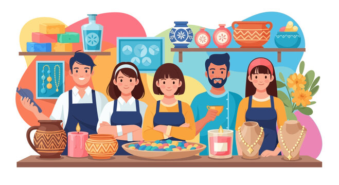 Group of happy artisans working in a colorful pottery studio