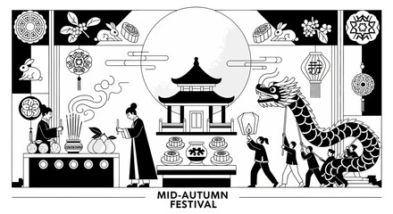 Fototapeta premium Mid-Autumn Festival illustration with dragon dance and moon.