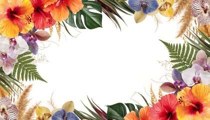 Fototapeta premium Colorful Tropical Flowers and Leaves Beautiful Floral Arrangement Design
