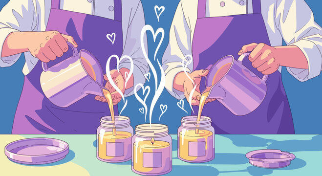 Two people pouring melted wax into glass candles with hearts