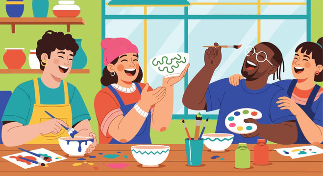 Happy diverse friends painting ceramics in a creative studio