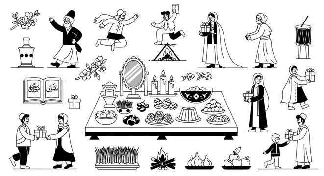 Traditional Nowruz festivities featuring music dance and symbolic table.