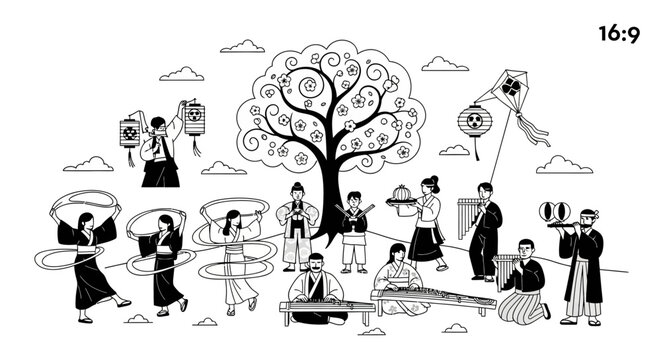 Traditional Asian musical performance and dance line art scene.