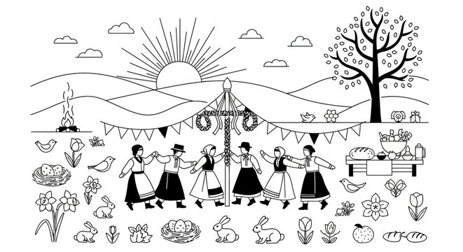 Maypole dance illustration celebrating spring and fertility.