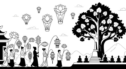 Fototapeta premium Buddhist monks and devotees participating in a lantern festival.
