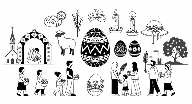Orthodox Easter traditional icons and holiday celebration symbols set.
