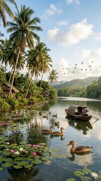Serene lake scene with ducks and boat in tropical paradise