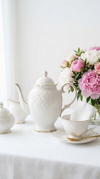 Elegant Tea Set with Flowers on White Tablecloth