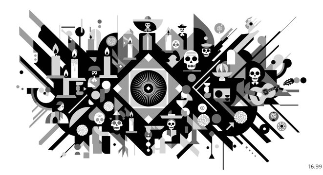 Abstract Day of the Dead graphic with skulls and marigolds.