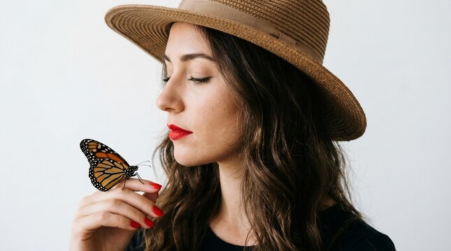 Woman holding butterfly hat lady relax nature beauty serenity peaceful moment