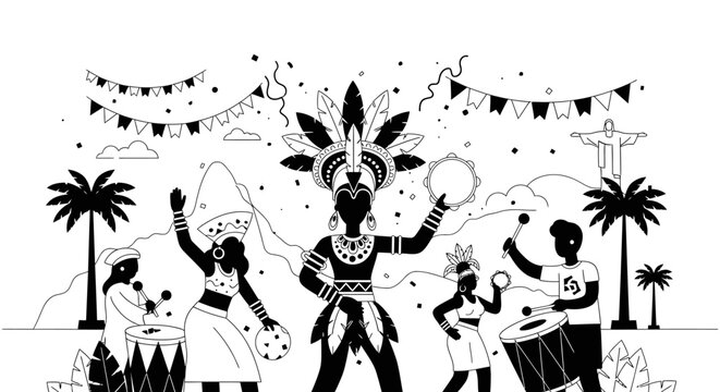 Silhouetted dancers and drummers at a Brazilian Carnival.