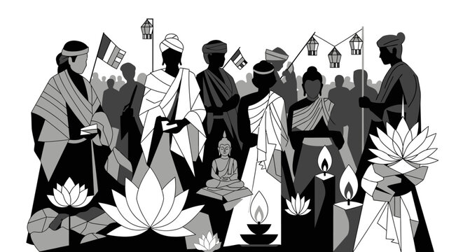 Buddhist monks and devotees celebrate festival with lanterns and lotus.