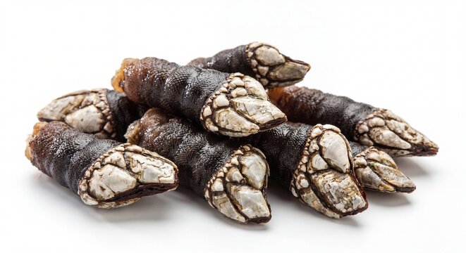 A small cluster of raw goose barnacles with dark scaly stalks isolated on a clean white background.