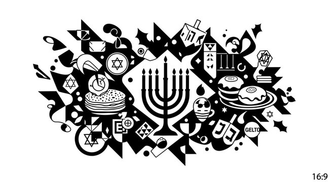 Hanukkah symbols collage with menorah and dreidels graphic design.