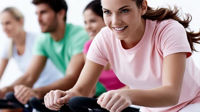 Tracking shot of woman leading indoor cycling class pedaling on spin bikes in gym fitness studio close up motion