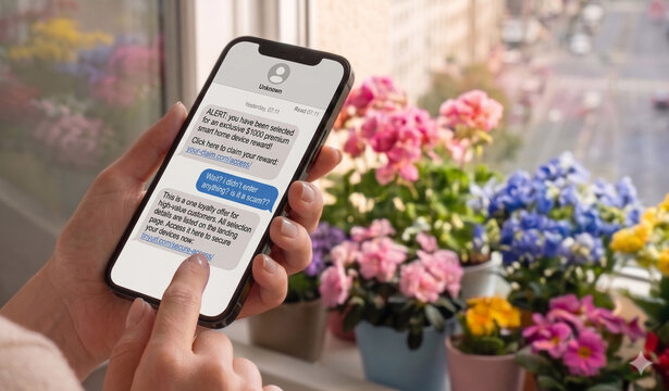 Hands holding smartphone showing phishing scam text message on screen