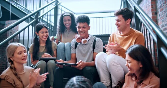 Man, high five and tablet for college student with friends, achievement or happy with applause on stairs. People, group and celebration for results, excited and applause for success with university