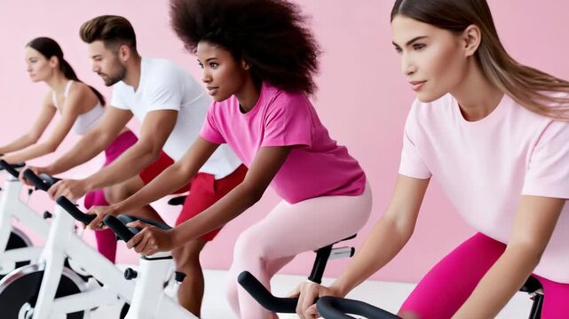Tracking shot of women and man cycling on stationary bikes during indoor spin class with pink studio backdrop