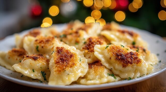 Pan fried pierogies garnished with parsley on plate