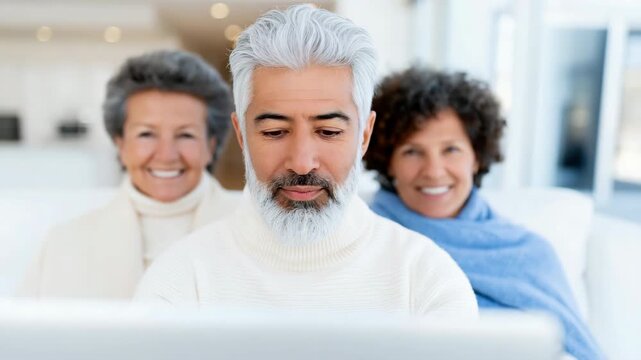 Slow zoom close up of mature man using laptop with two family members seated behind him in bright modern living room