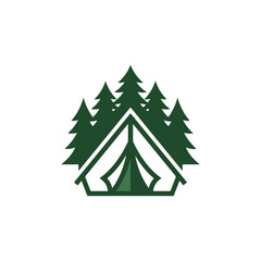 Obraz premium Minimalist camping tent logo with forest pine trees.