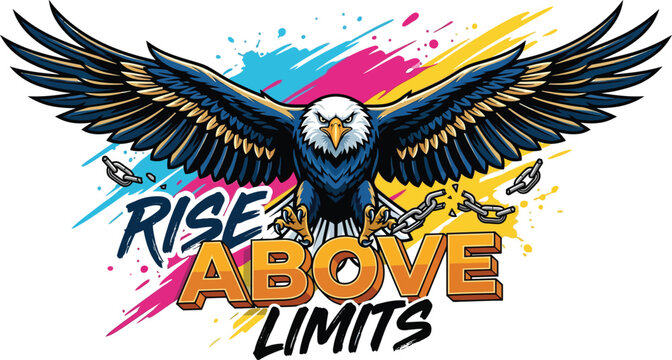 Break free with this powerful "RISE ABOVE LIMITS" eagle vector! Featuring broken chains & vibrant paint splatter. Perfect for motivational apparel & posters!