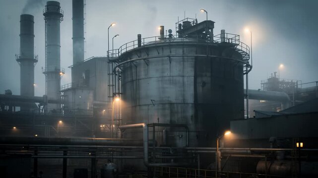 Medium shot of a pulp digester immersed in foggy atmosphere obscured shapes of piping and steam vents releasing mist highlighting the mysterious ambiance of the industrial process