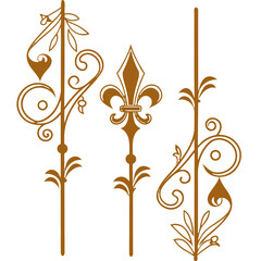 Vintage ornamental design elements set classic wrought iron fence decor with fleur de lis symbol isolated on transparent background. © Md Monjel Sheikh