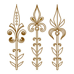 Three gold fleur de lis style spears with intricate line work and leaf patterns for boutique branding luxury packaging and heraldic design elements. © Md Monjel Sheikh