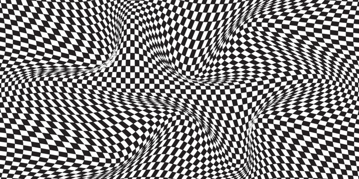 Distorted checkered pattern black and white background design - wavy effect illusion modern vector