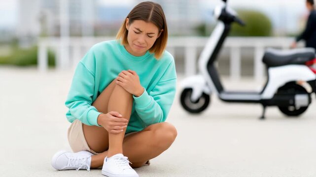 Tracking shot young woman crouching and holding knee in pain near parked scooters on waterfront promenade