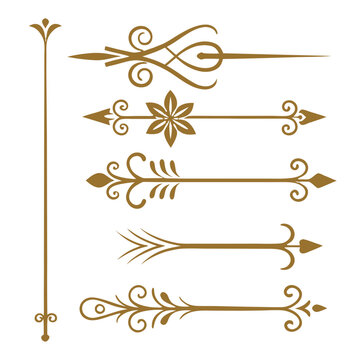 Set of gold ornamental divider lines with arrows and floral scrolls for elegant wedding invitations luxury certificates and vintage paper designs.