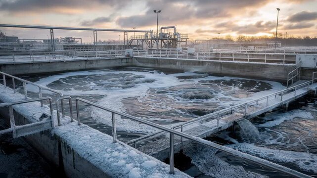 Medium shot of aeration basins in an effluent treatment plant at sunrise with cloudy skies and icy surfaces highlighting the dynamic wastewater purification process