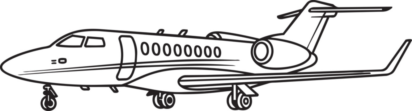 Side view illustration of luxury private business jet aircraft outline graphic on transparent space.