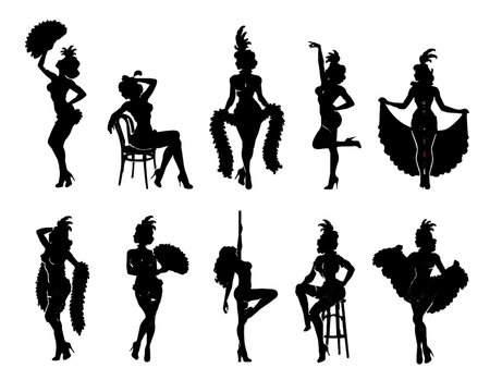 Vintage Burlesque Showgirl Silhouette Vector Icon Set with Feather Fans, Cabaret Dancers and Stage Performance Poses