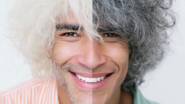 Static close up portrait of man transitioning from neutral expression to broad smile in white studio