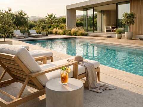 Luxury swimming pool at a modern villa with sun loungers and a refreshing drink at sunset