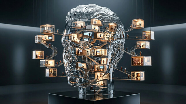 Glass human head sculpture connected to small illuminated rooms for marketing.