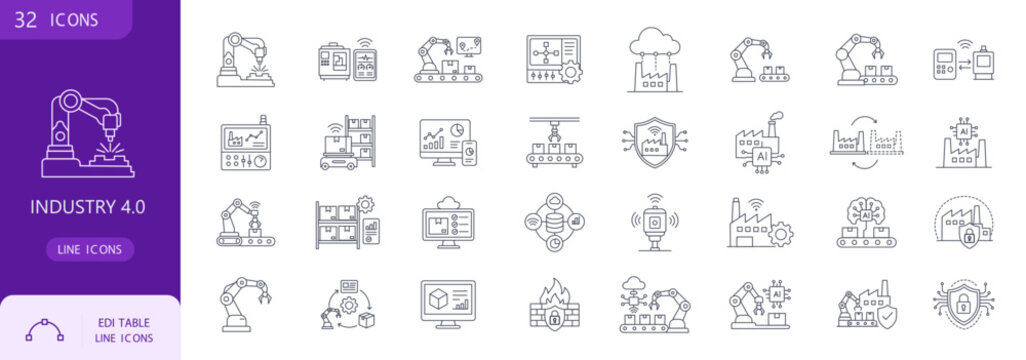 Industry 4.0 and smart factory industrial automation line icons set
