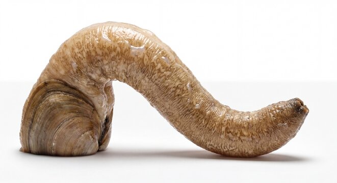 A close-up studio shot of a raw geoduck clam showing its long siphon extended against white.