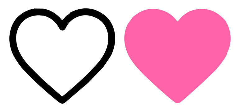 Two heart shapes side by side, one black outline and one solid pink, symbolizing love and affection on transparent background