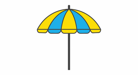 Obraz premium A colorful striped beach umbrella with yellow and blue panels isolated on a white background.