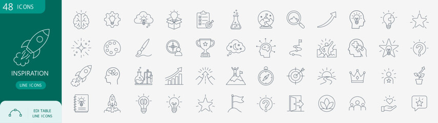 Inspiration and creativity line icons set for startup success vector © RayZigna