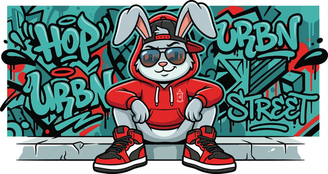 Level up your streetwear with this cool urban hip-hop bunny mascot! Featuring fresh kicks, a red hoodie, and a vibrant graffiti background. Grab it today!
