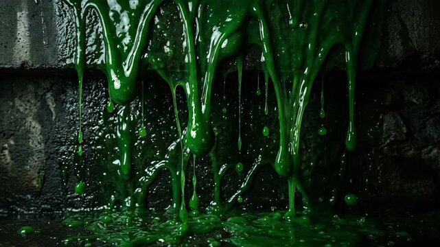 Viscous green liquid dripping and oozing from a textured surface