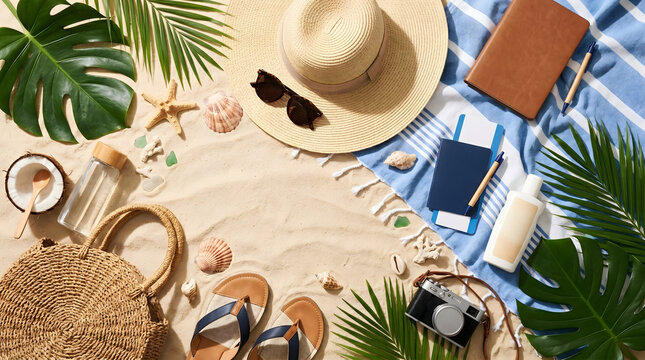 Tropical beach essentials laid out on sand, including a straw hat, sunglasses, camera, and travel items for a summer vacation
