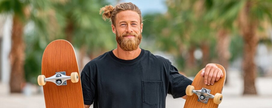Smiling bearded man holding two skateboards outdoors by palm trees on a sunny day